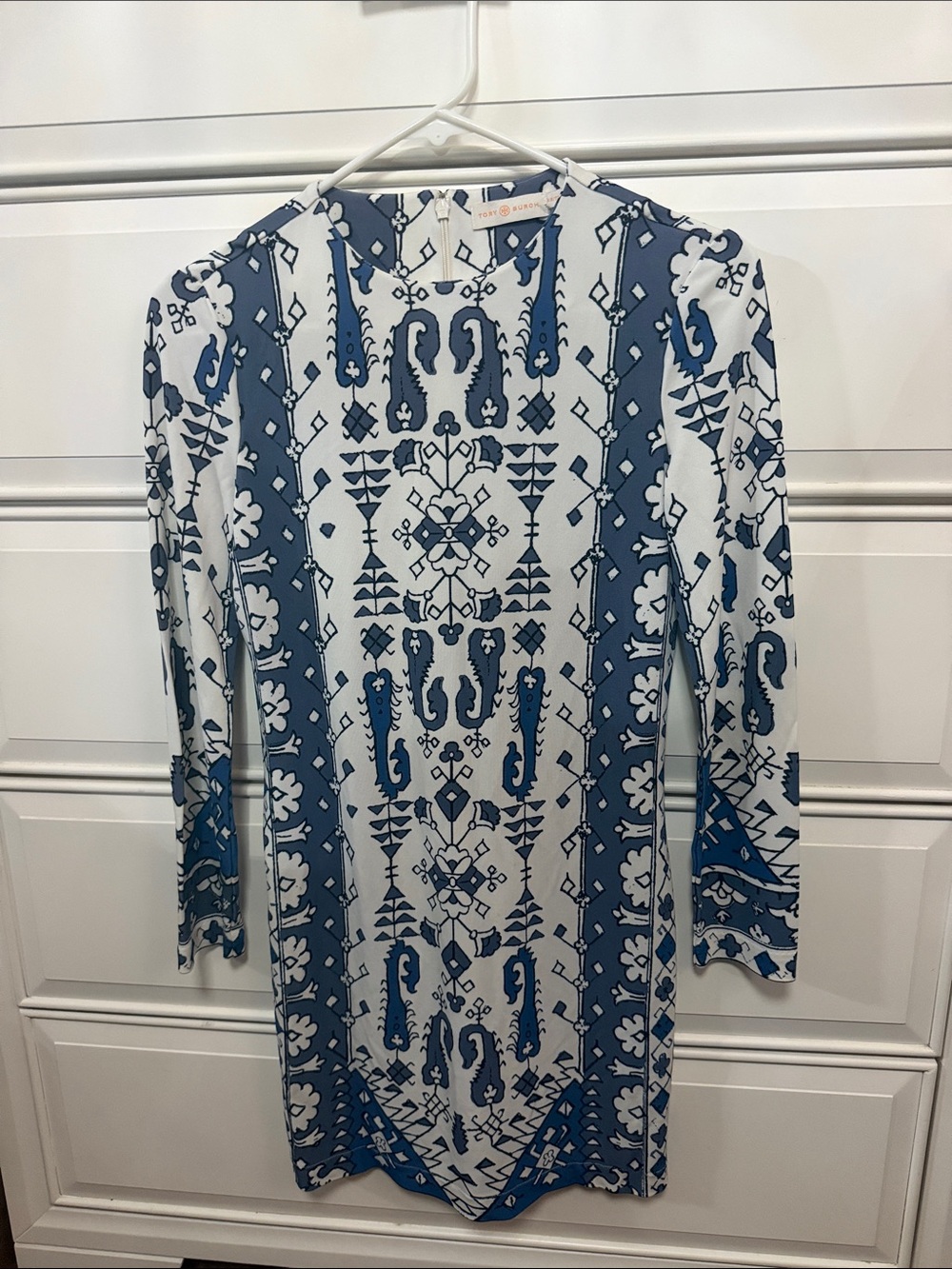 Tory Burch Blue and White Long-Sleeve Printed Dress